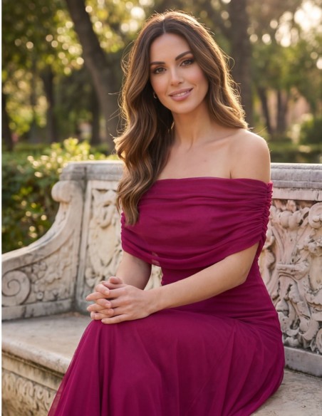 Bougainvillea midi dress with bardot neckline in bougainvillea for guests