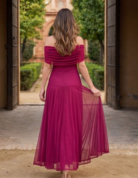 Robe midi Bougainvillea avec encolure bardot pour une invitée