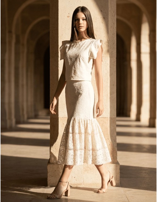 Ecru lace midi skirt with ruffle at bottom hem 2