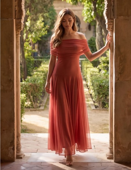 Robe midi corail avec encolure bardot et jupe volantée