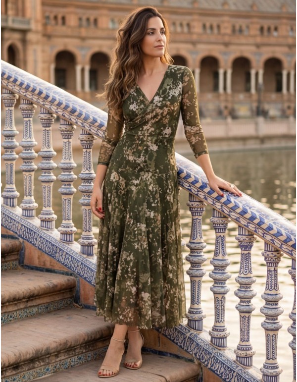 Robe midi imprimée verte avec décolleté en V et jupe à...