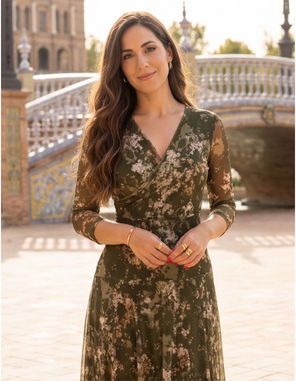 Robe midi imprimée verte avec décolleté en V et jupe à... 2