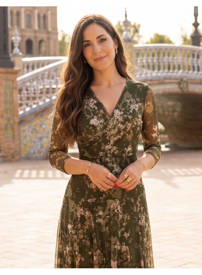 Green printed midi dress with v-neckline and...