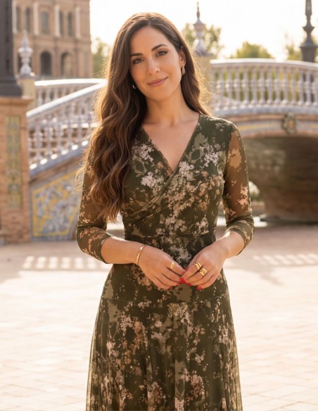 Green printed midi dress with v-neckline and flounce skirt for guests