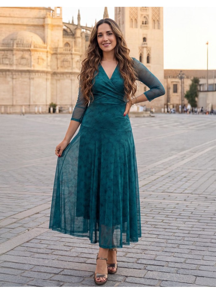 Vestido midi para invitada en color turquesa con estampado