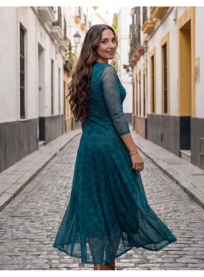 Robe d'invité midi turquoise avec motif imprimé