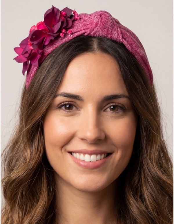 Guest headband in bougainvillea pink silk sinamay 2