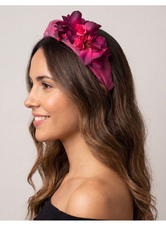 Guest headband in bougainvillea pink silk sinamay