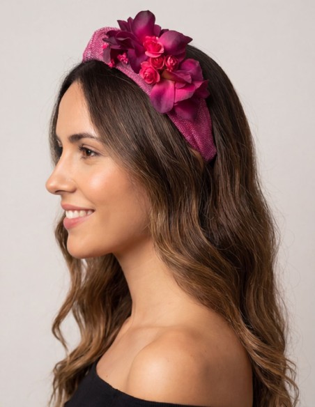 Guest headband in bougainvillea pink silk sinamay