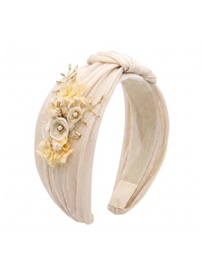 Headband made of beige silk sinamay with flower...