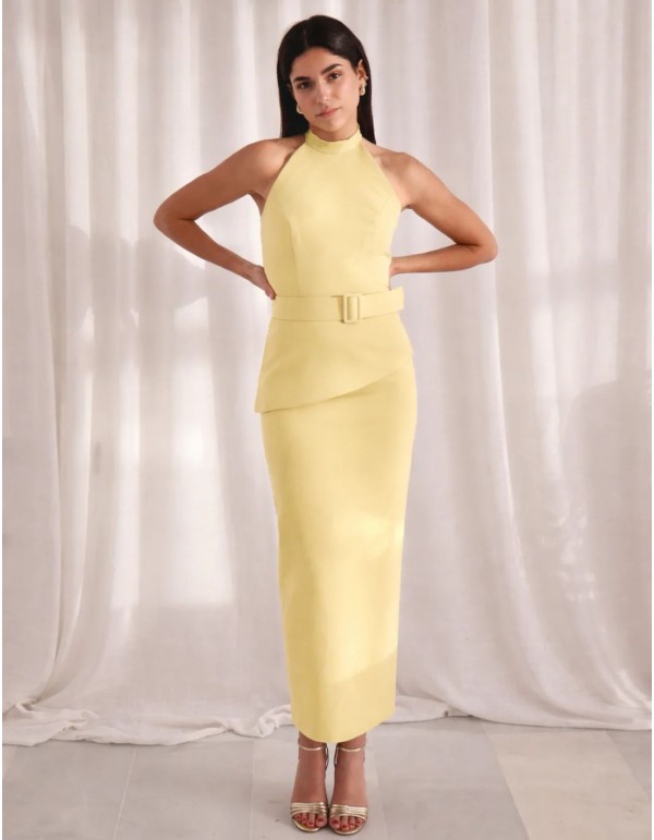 Set in butter yellow with halter neck and midi skirt