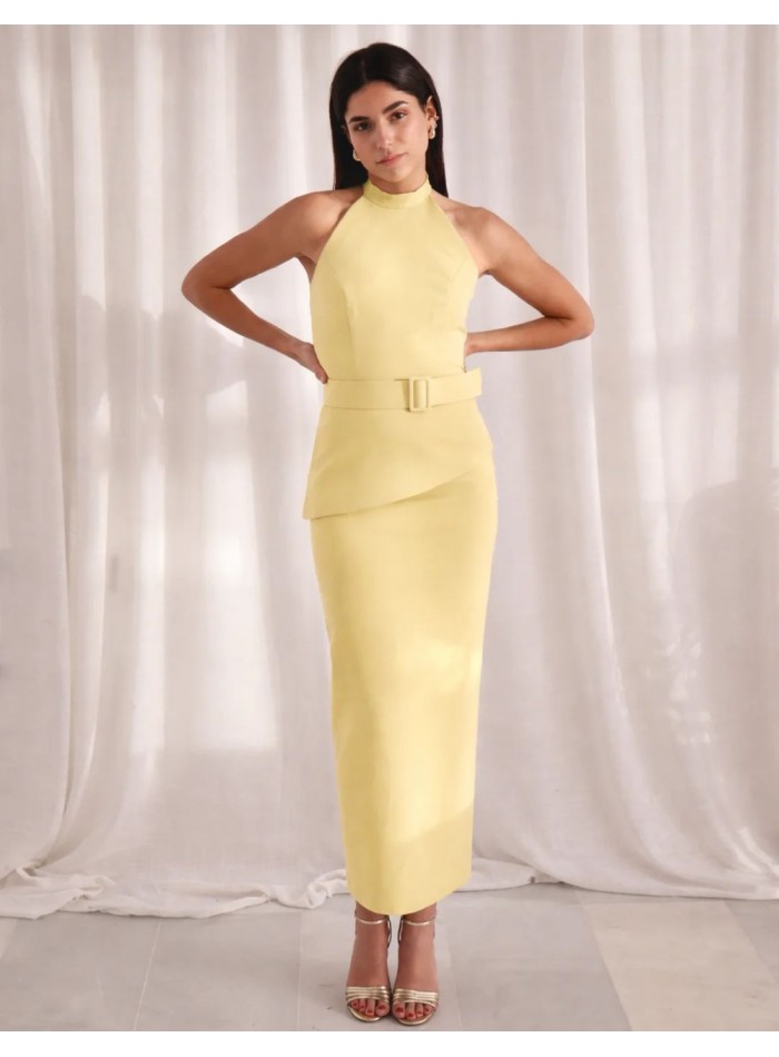 Ensemble jaune beurre avec col licou et jupe midi