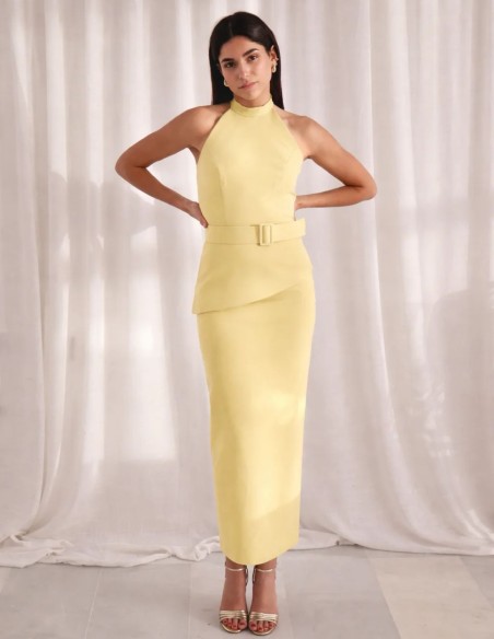 Set in butter yellow with halter neck and midi skirt