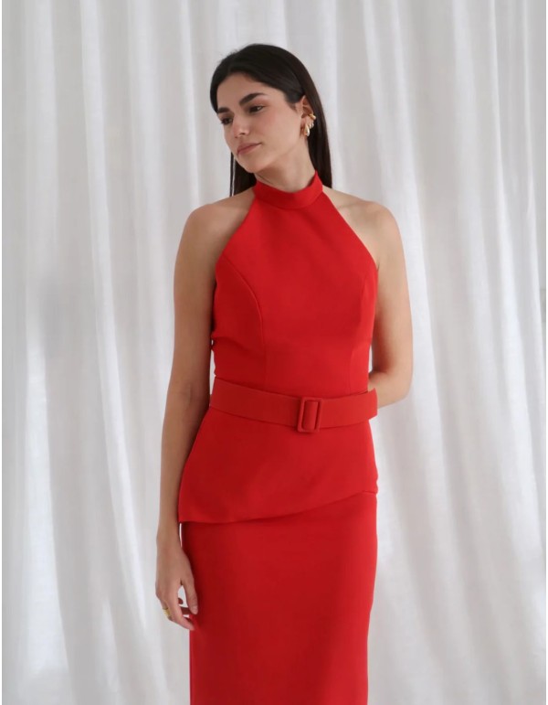 Set in butter yellow with halter neck and midi skirt 2