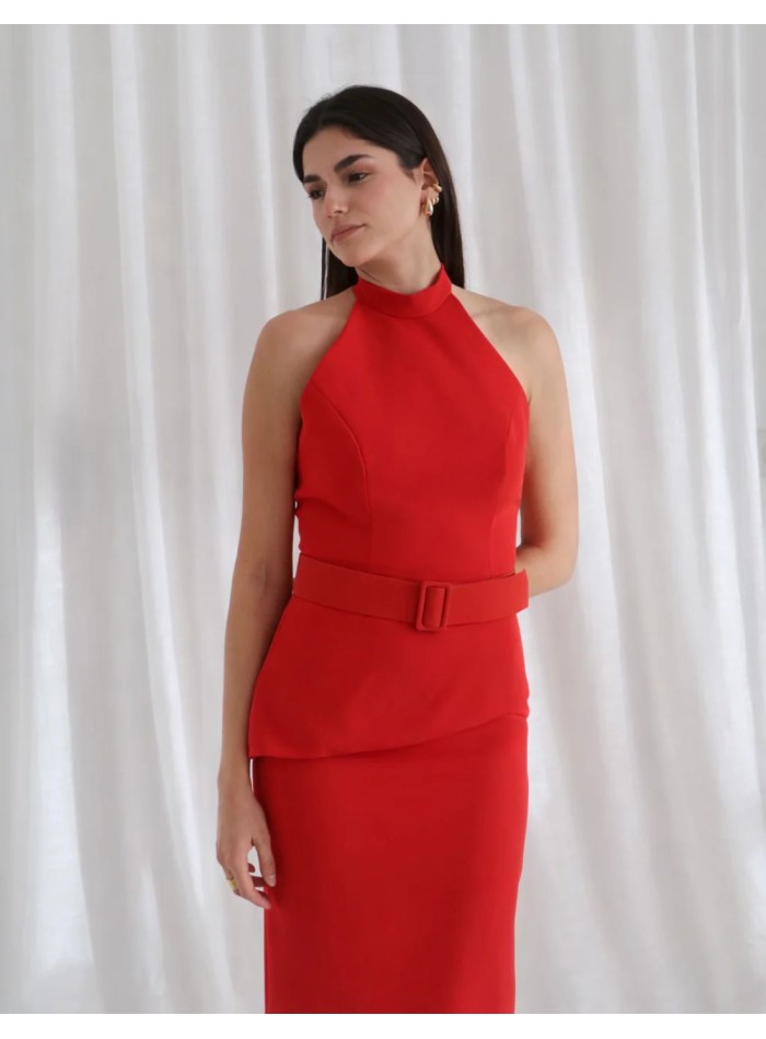 Set in butter yellow with halter neck and midi...