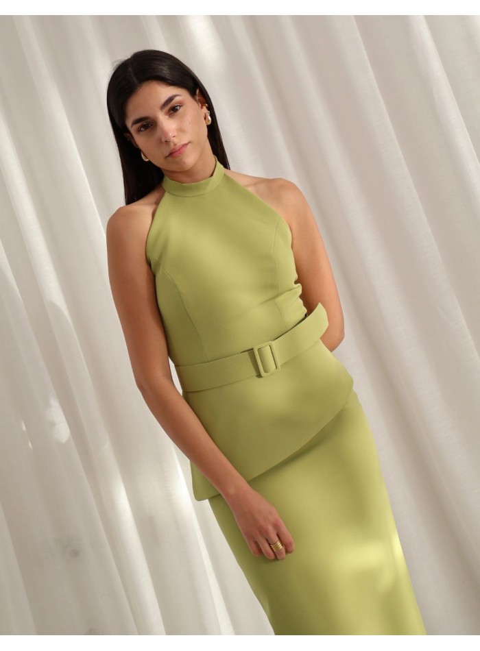 Ensemble jaune beurre avec col licou et jupe midi