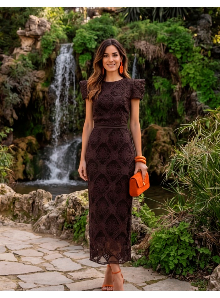 Brown two-piece guest ensemble with midi skirt