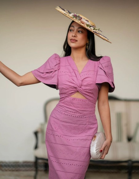 Midi dress with puffed sleeves and knot on the chest