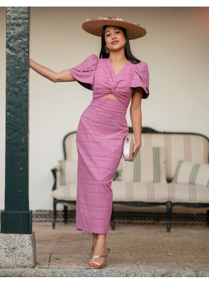 Vestido midi con mangas abullonadas y nudo en...