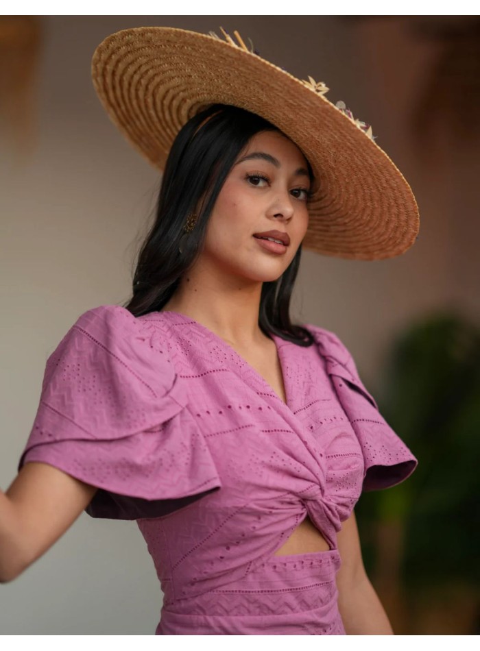 Vestido midi con mangas abullonadas y nudo en...