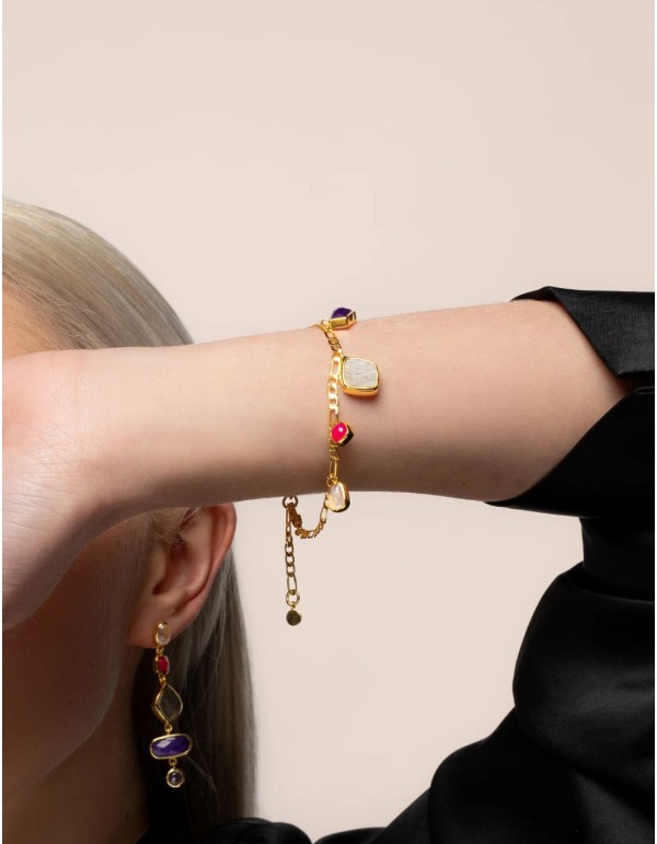 Golden bracelet with colored stone pendants in different...
