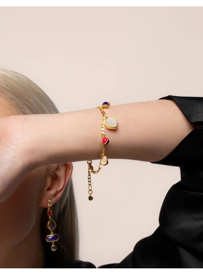 Golden bracelet with colored stone pendants in...
