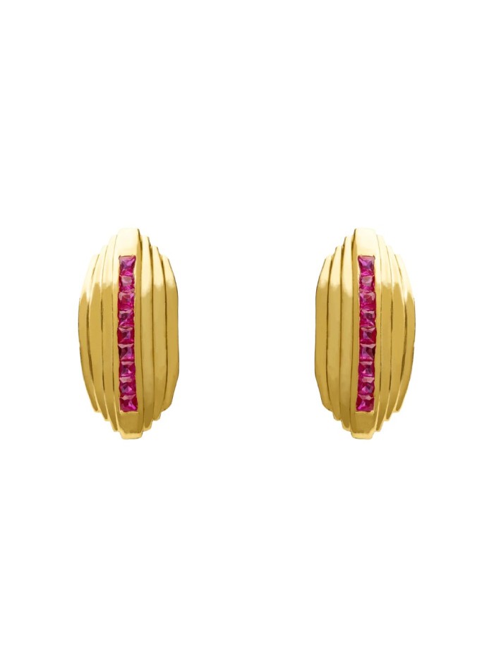 Gold plated fuchsia zirconia rectangular earrings