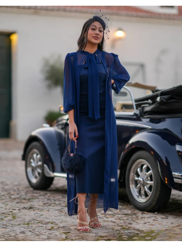 Vestido midi en tafetán con capa de gasa