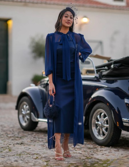 Robe midi en taffetas avec superposition de mousseline de soie