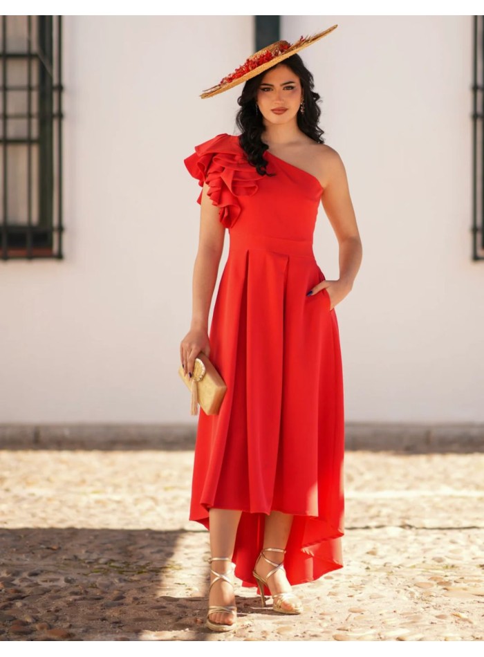 Red crepe fabric midi dress with asymmetrical...