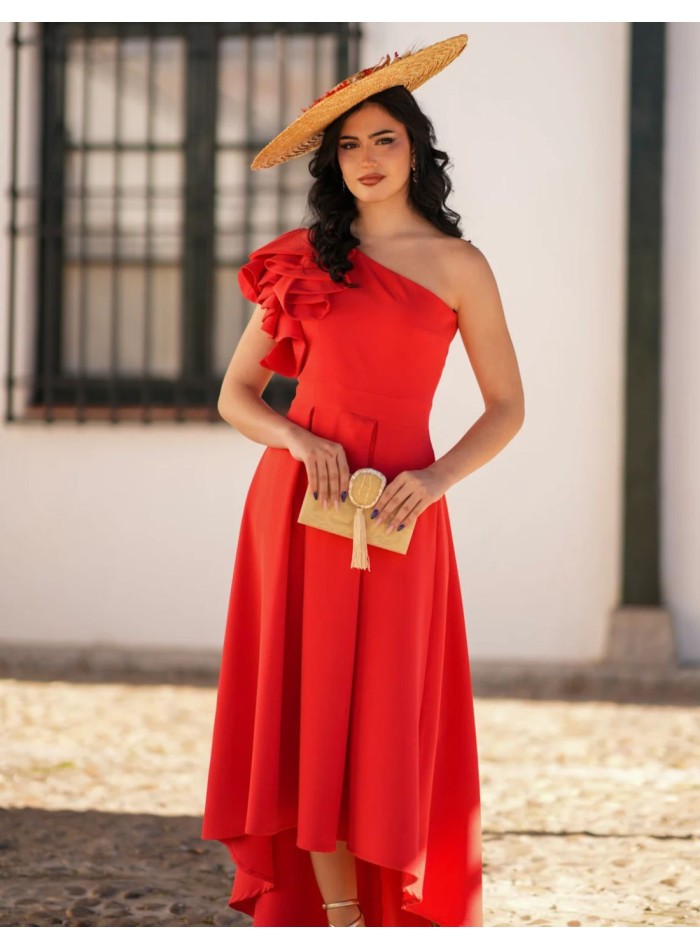 Red crepe fabric midi dress with asymmetrical...