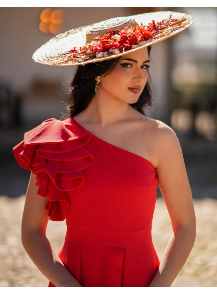Vestido midi rojo con volante en hombro