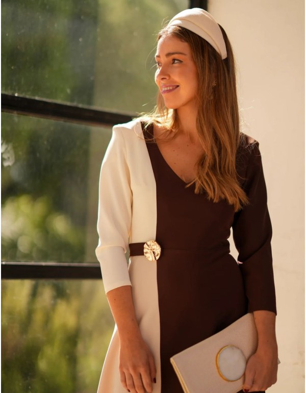 Bicolor midi dress in cream and chocolate tones with... 2