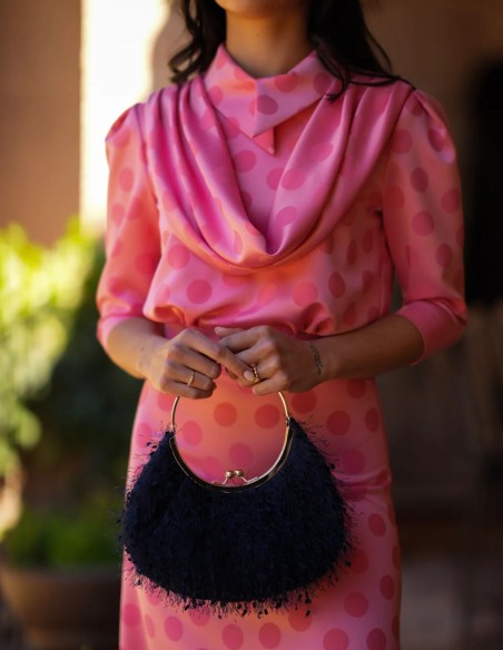 Satin midi dress with pink polka dot print and asymmetrical shirt collar