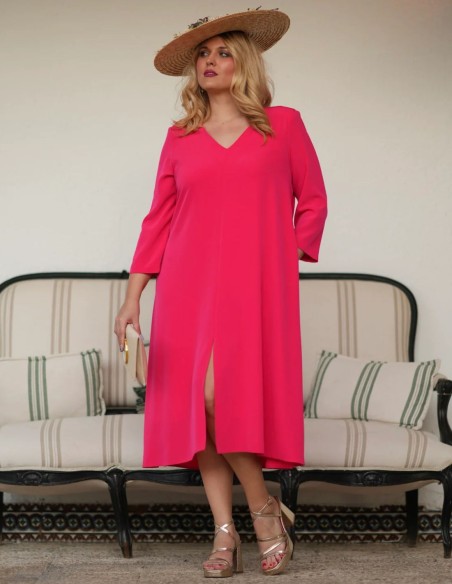 Strawberry color crepe midi dress with loose cut