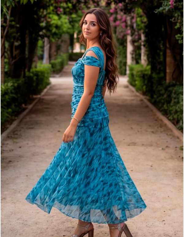 Robe midi imprimée dans les tons bleus avec encolure... 2