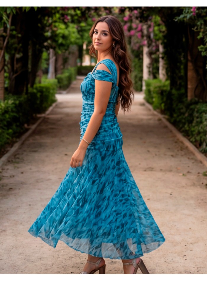 Printed midi dress in blue tones with asymmetrical neckline