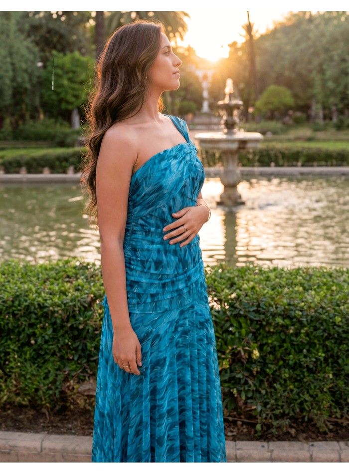 Robe midi imprimée dans les tons bleus avec...