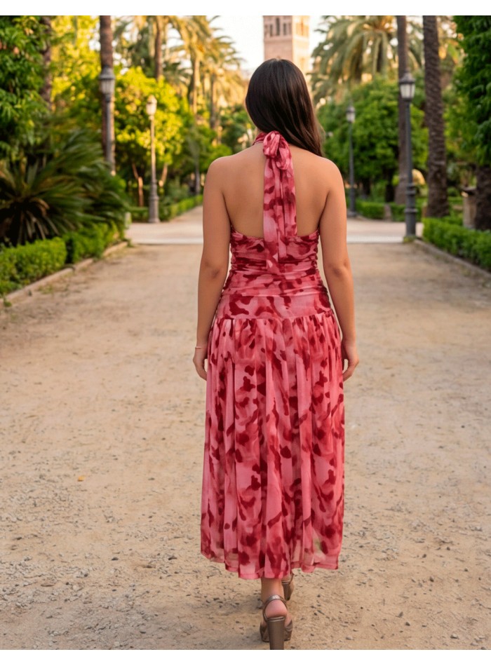 Pink printed halter midi dress in pink tones...