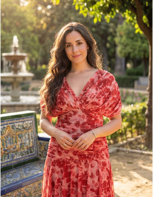 Midi dress with floral print and draped at the waist 2