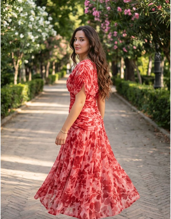 Robe midi à imprimé floral et drapée à la taille