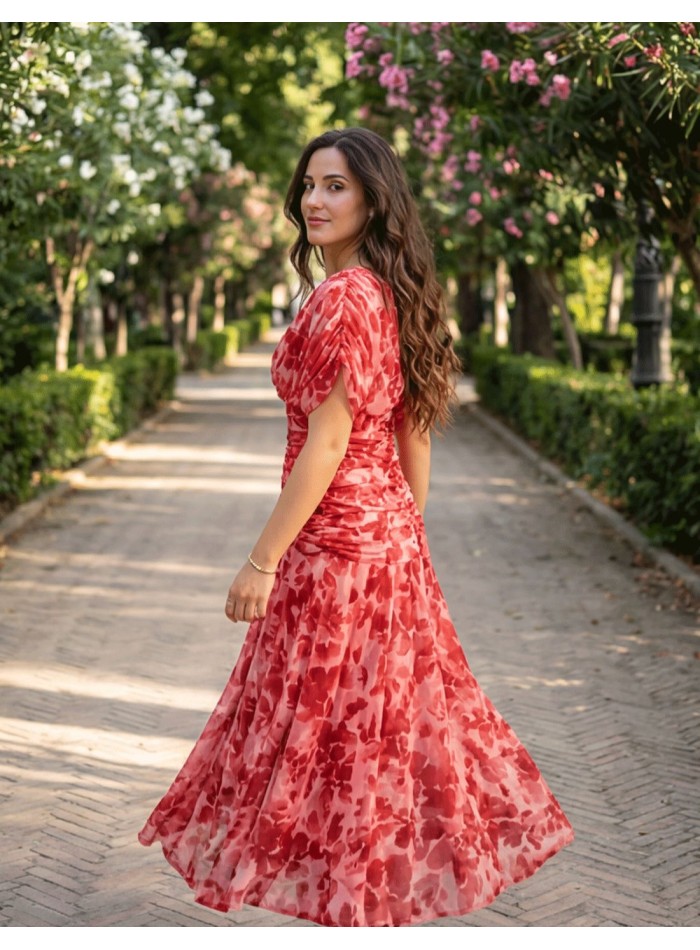 Midi dress with floral print and draped at the...