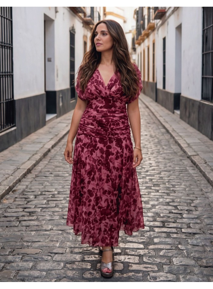 Midi dress with pink floral print and draped at...