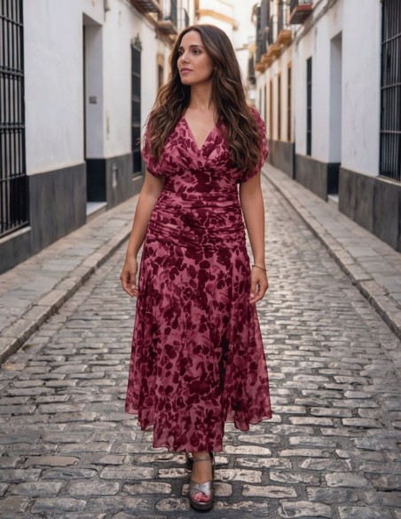 Midi dress with pink floral print and draped at the waist