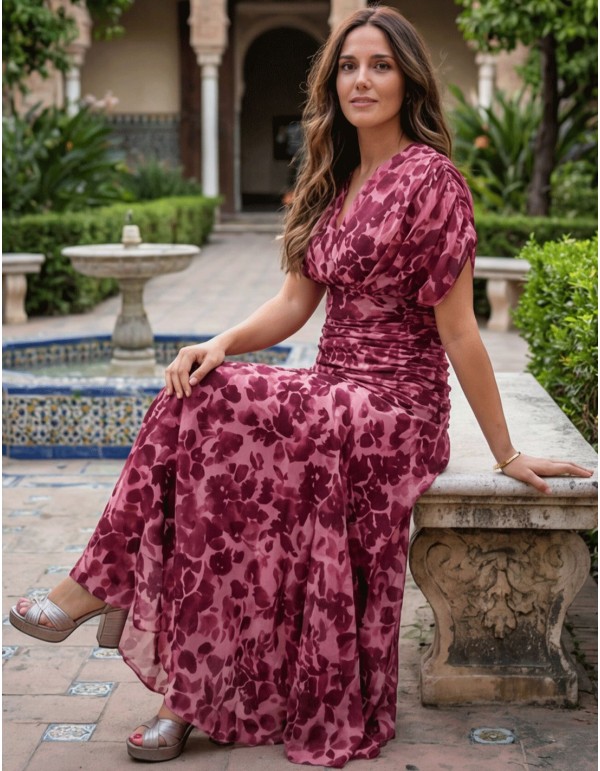 Vestido de invitada mici con tejido estampado de flores rosa