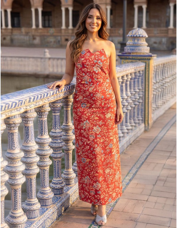 Red two-piece floral print guest ensemble