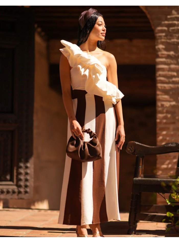 Two-piece asymmetrical ruffled top and striped...