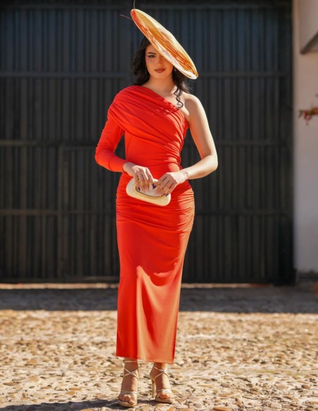 Robe midi asymétrique orange en tricot de soie pour les invités