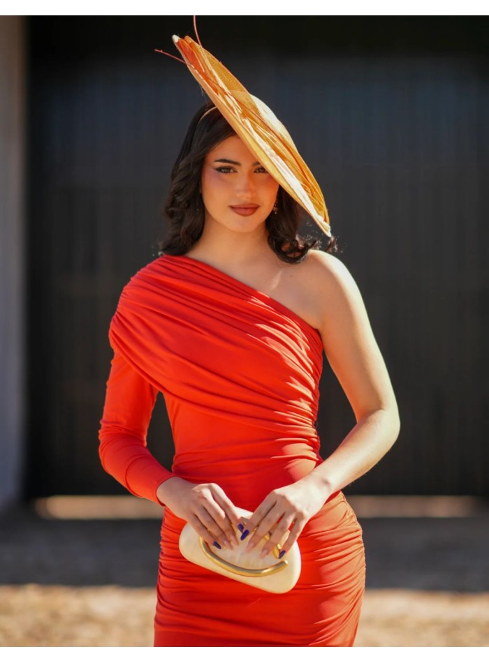 Orange asymmetrical midi dress in silk knitted...