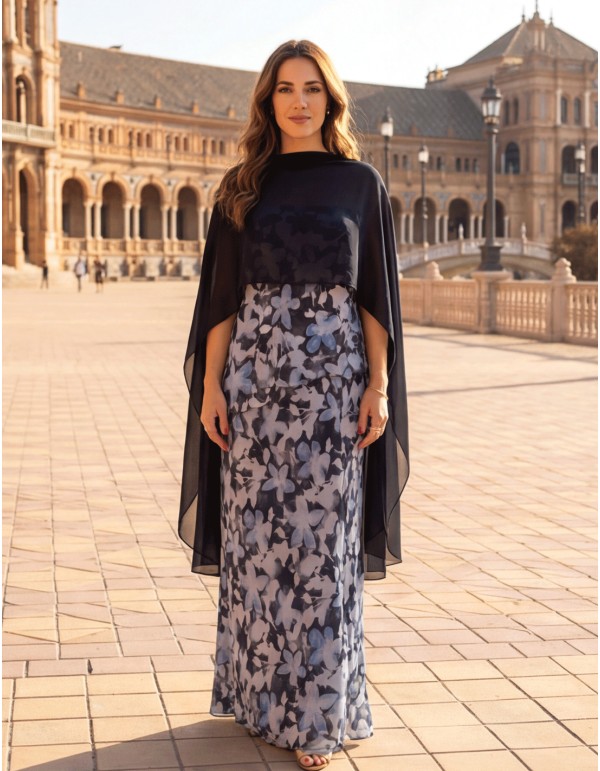 Short chiffon cape with square pattern in navy blue